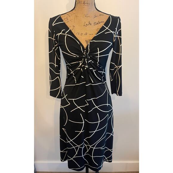 Maggy L Black White Abstract V Neck A Line Dress Size 8 - Picture 1 of 4